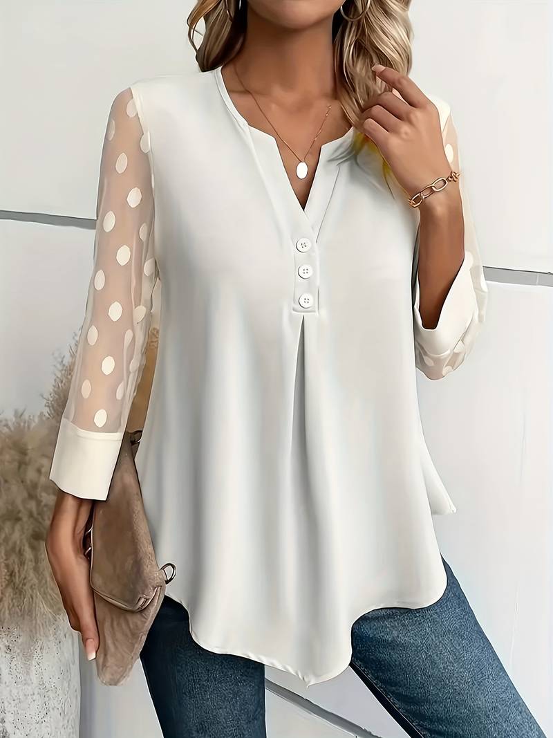 Aireen - Elegante blusa con cuello de pico y mangas de lunares