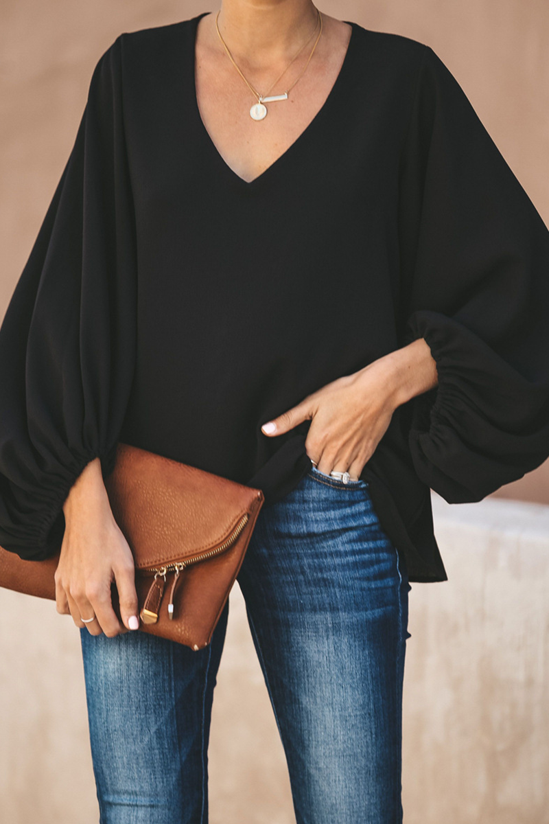 Kate - Blusa casual suelta de manga larga y cuello en V