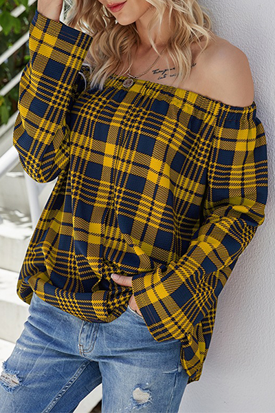 Blaire - Blusa informal con hombros descubiertos a cuadros sueltos