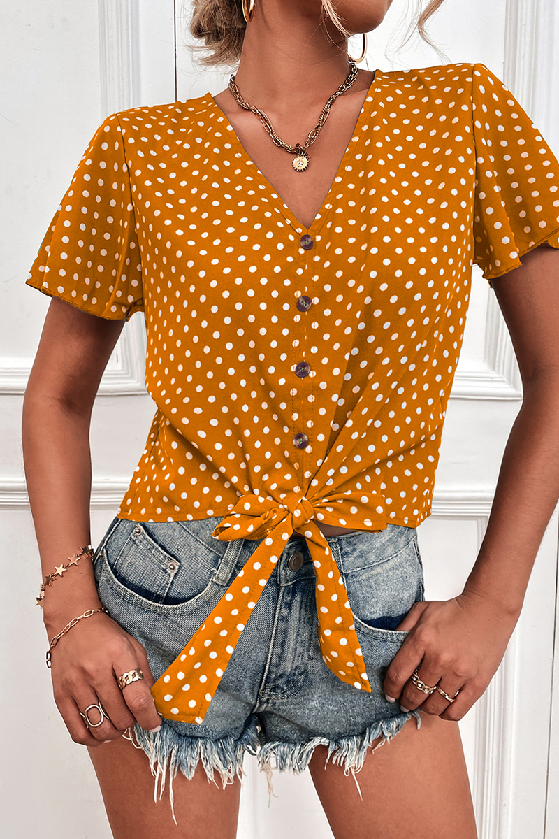 Raina - Blusa de encaje con cuello en V y lunares