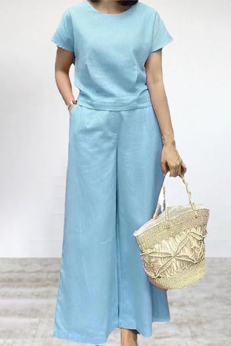 Seren - Conjunto informal de camiseta de cuello redondo y pantalones anchos
