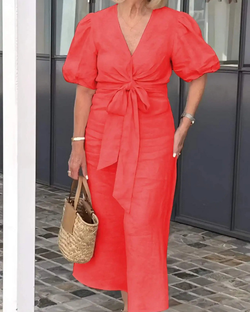 Narelle - Vestido casual elegante con cuello en V y mangas abullonadas