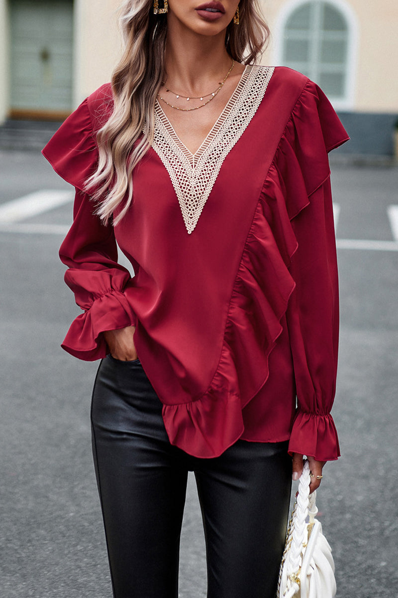Jen - Elegante blusa suelta con cuello en V y manga larga con volantes