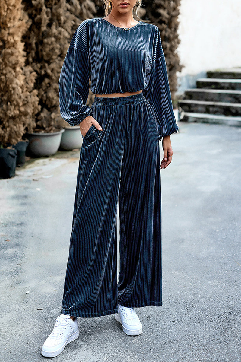 Irish - Elegante conjunto de blusa corta de manga larga a rayas y pantalón