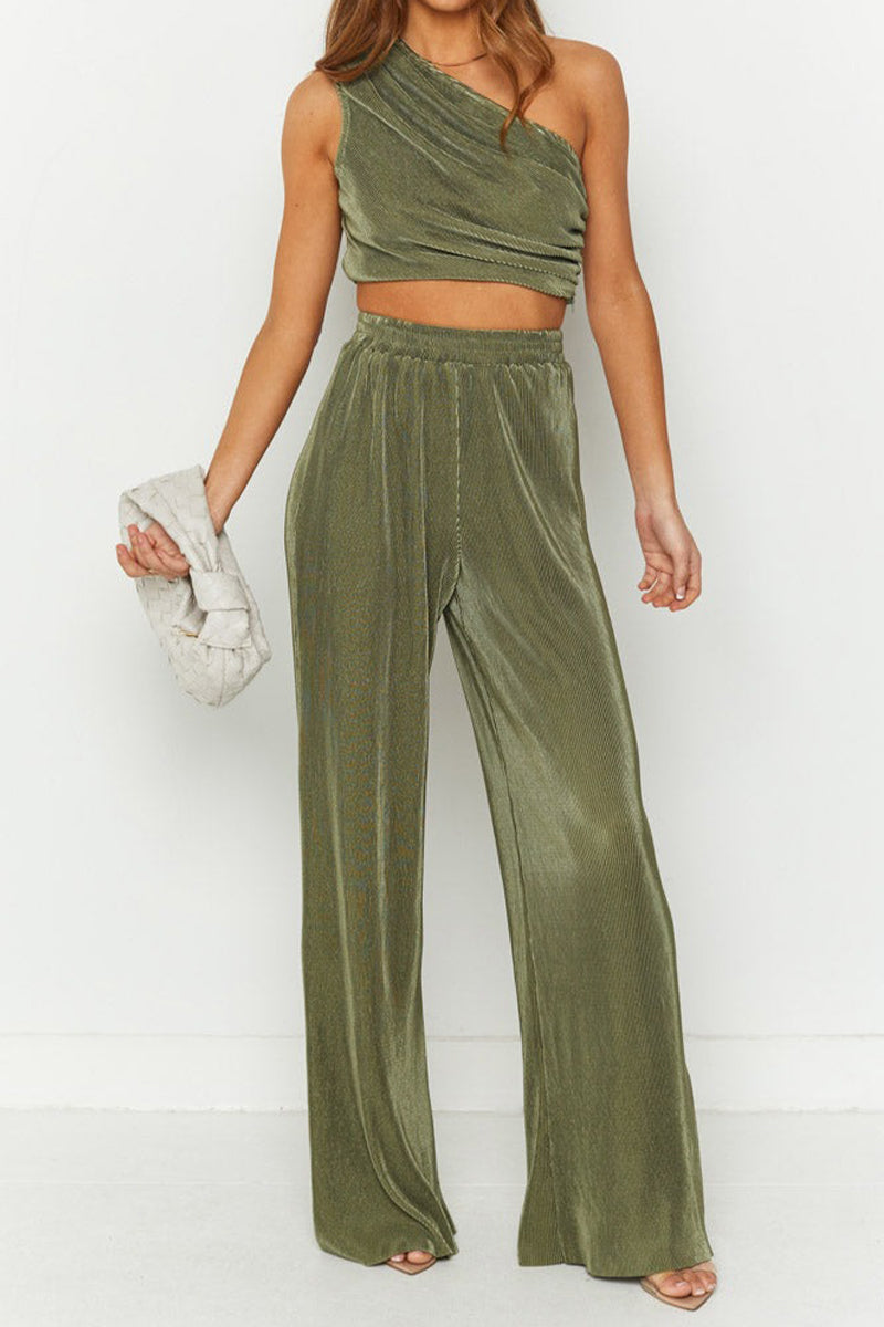 Maris - Elegante conjunto de crop top con un hombro y pantalones anchos