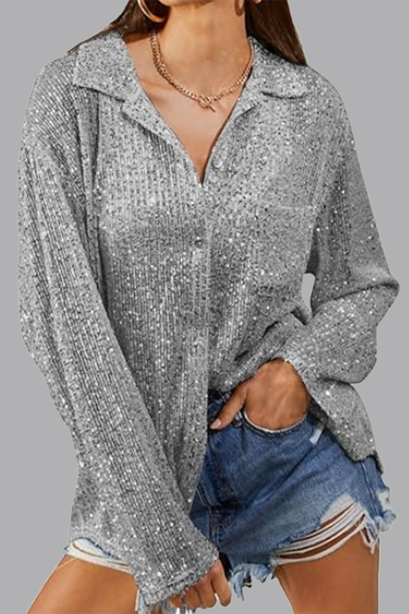 Leny - Elegante blusa polo de manga larga con botones y lentejuelas