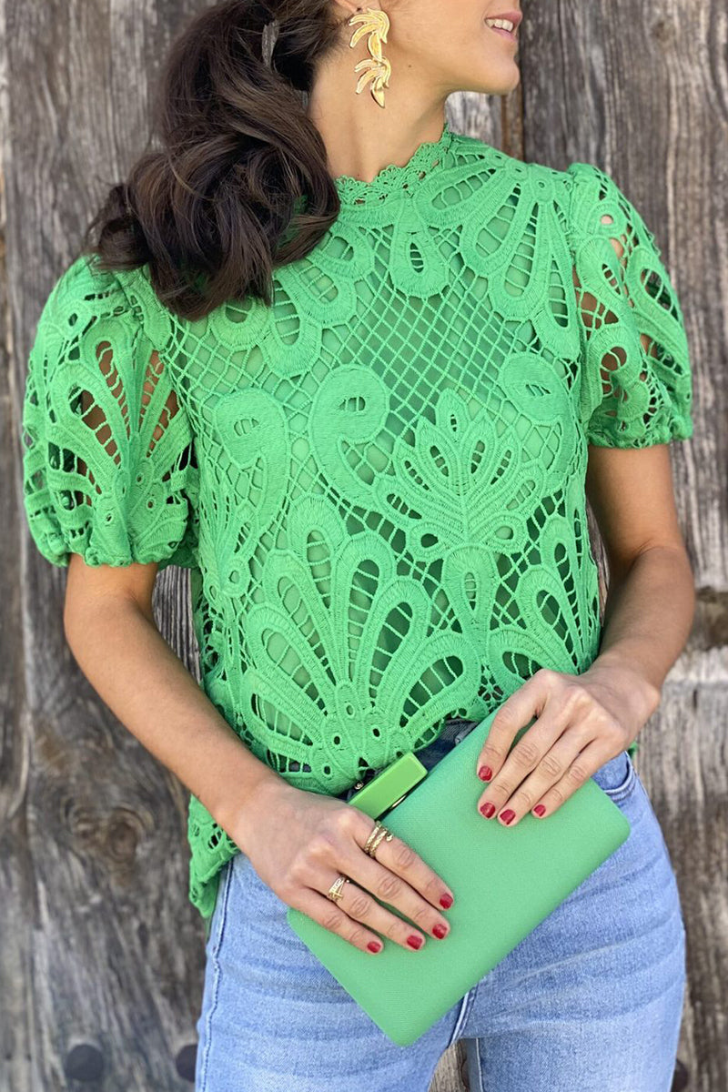 Mona - Blusa casual de encaje sólido y manga corta ahuecada
