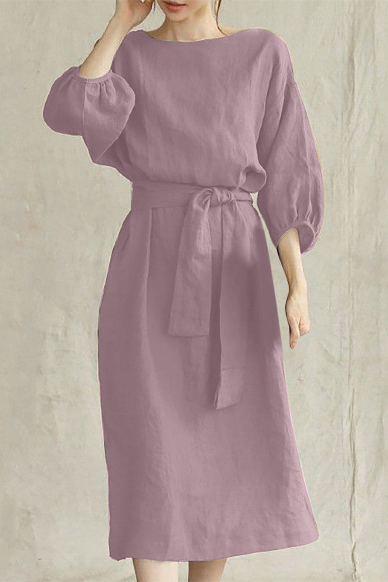 Liyana - Vestido midi casual de media manga con cintura anudada