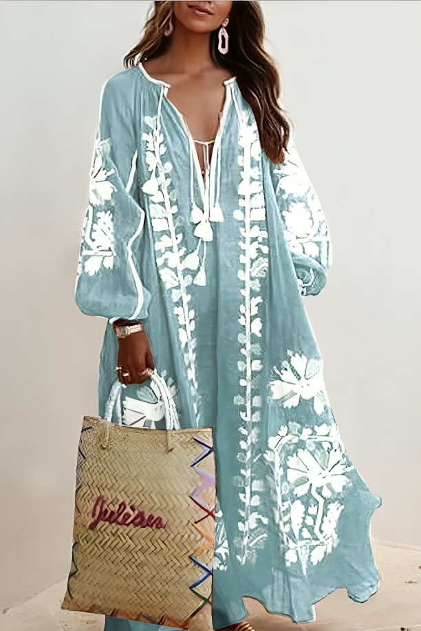 Revina - Vestido maxi de manga larga floral suelto