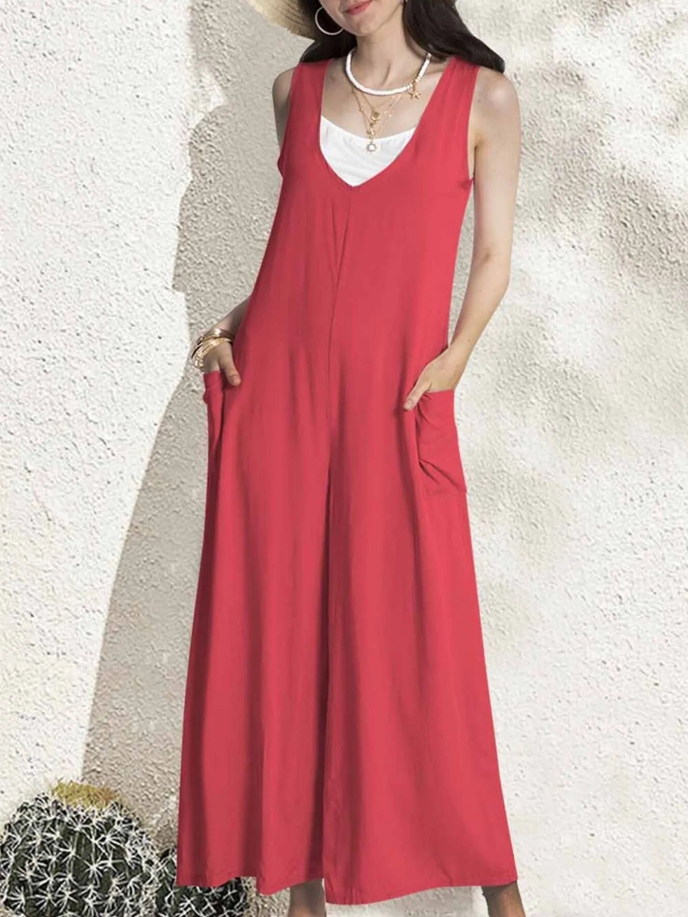 Jemma - Mono informal sin mangas y cuello de pico con pernera ancha