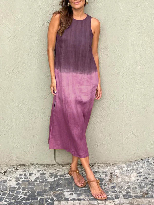 Analie - Vestido largo sin mangas de algodón y lino con abertura y degradado tie-dye