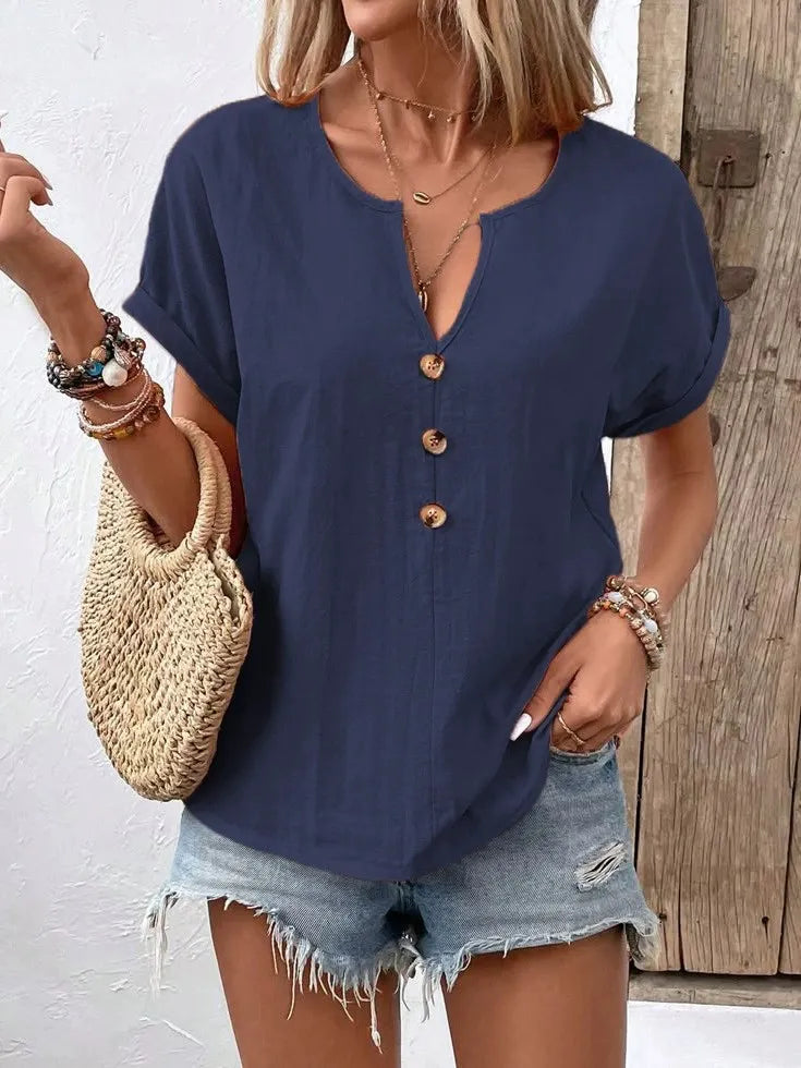 Vexana - Blusa casual de manga corta con cuello de muesca y botones