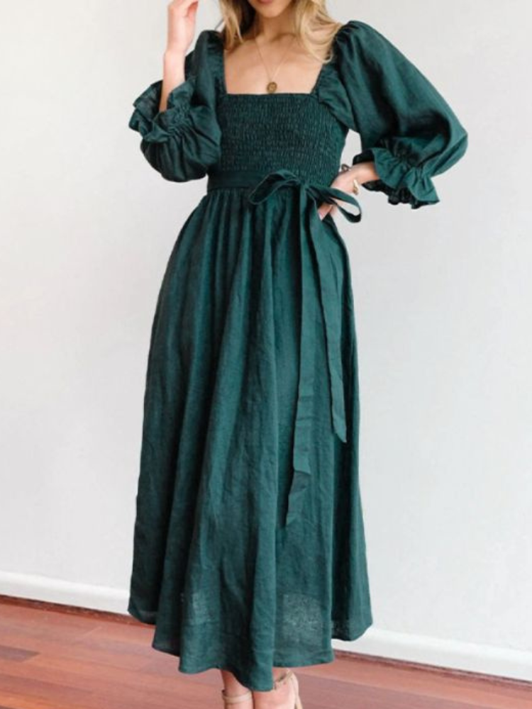 Liza - Elegante vestido de manga farol con volantes y cinturón de cordón