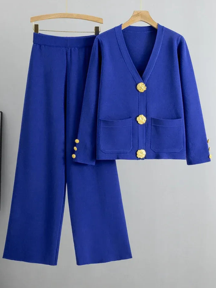 Rika - Elegante conjunto de cárdigan de punto con cuello en V y pantalones