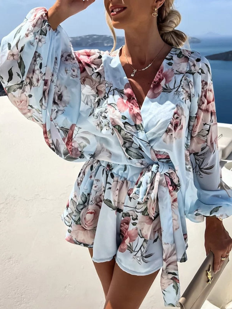 Merryn - Elegante top estampado de manga larga con cuello de pico y conjunto corto de verano