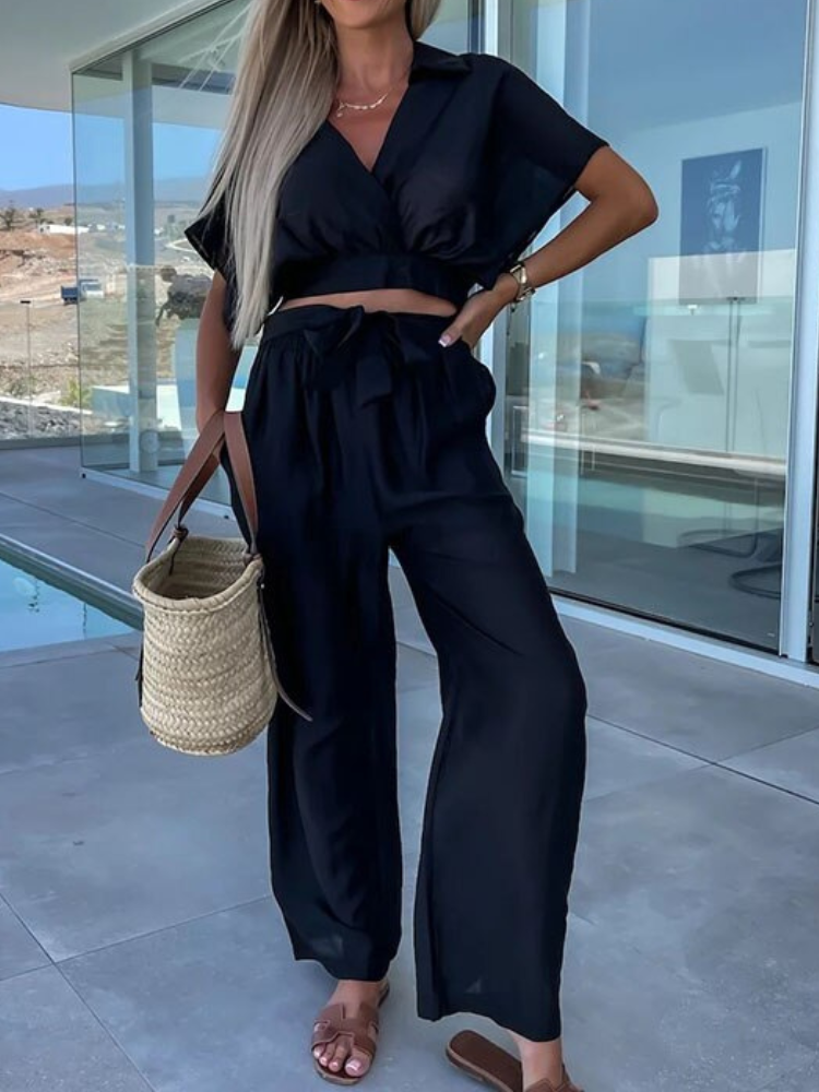 Chesca - Elegante conjunto de top y pantalón con cuello en V