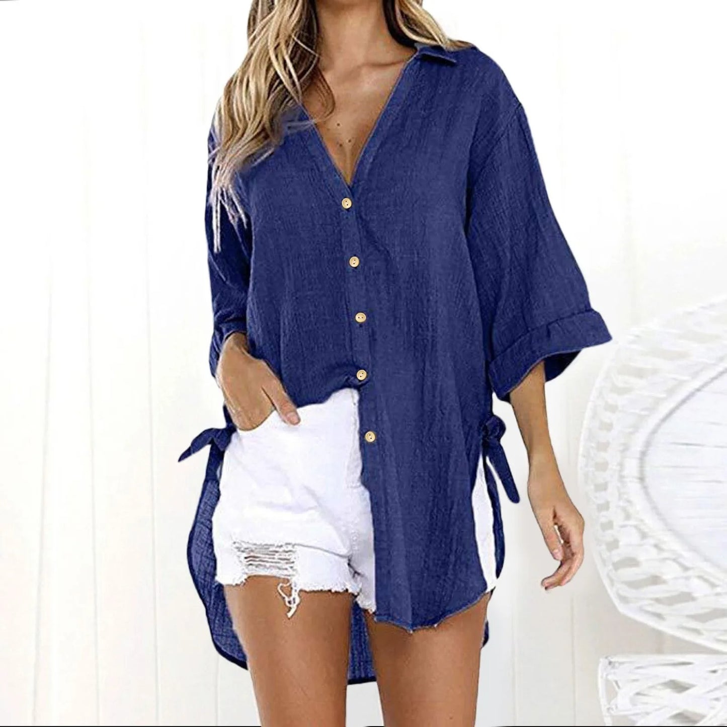 Karmella - Blusa casual suelta con botones y cuello en V