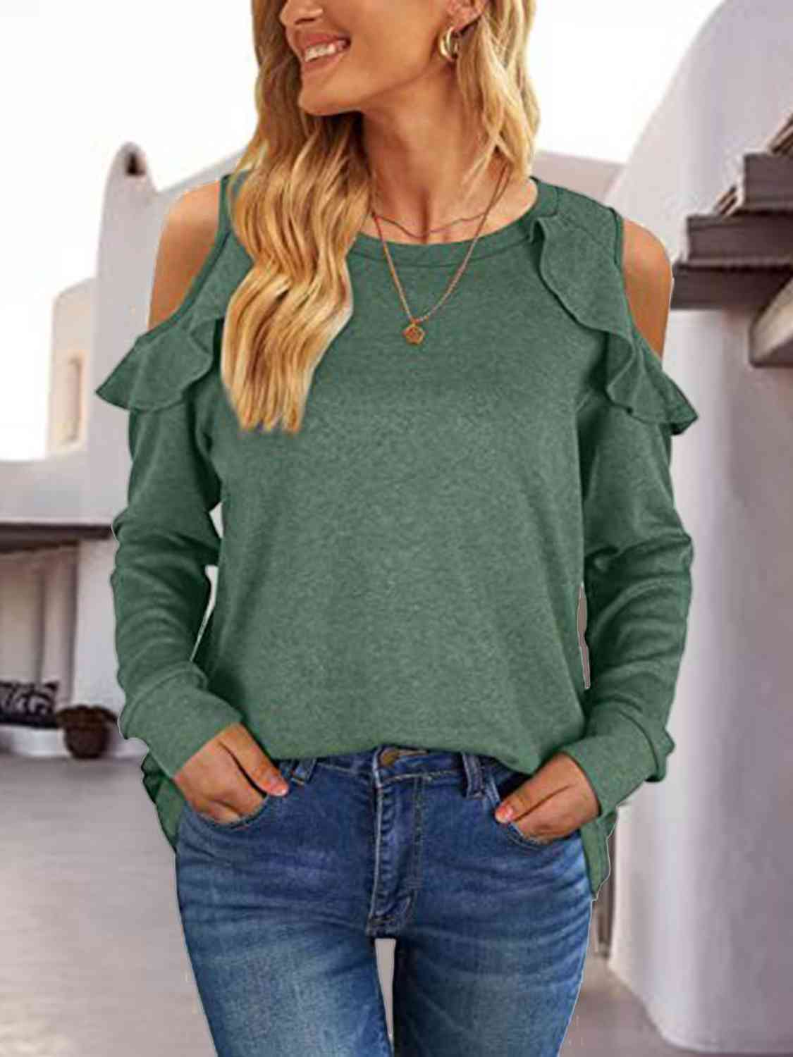 Scarlett - Casual cuello redondo volante hombro abierto blusa de manga larga