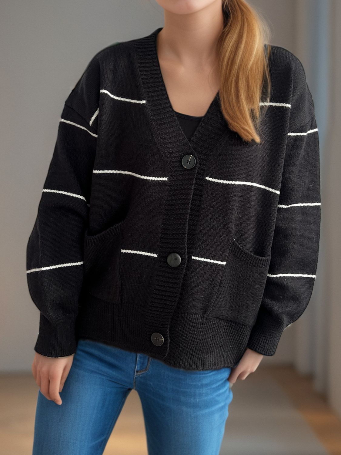 Aubrey - Chaqueta informal de manga larga con cuello en V y botones a rayas