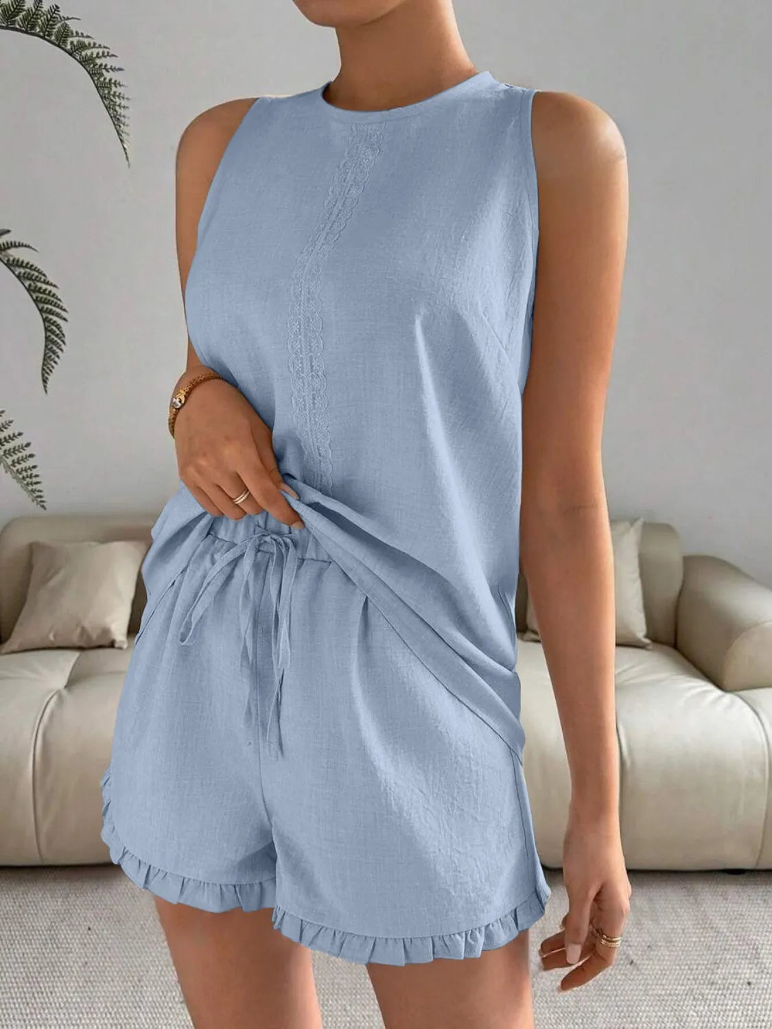 Marissa - Elegante conjunto de top sin mangas y pantalón corto de cuello redondo