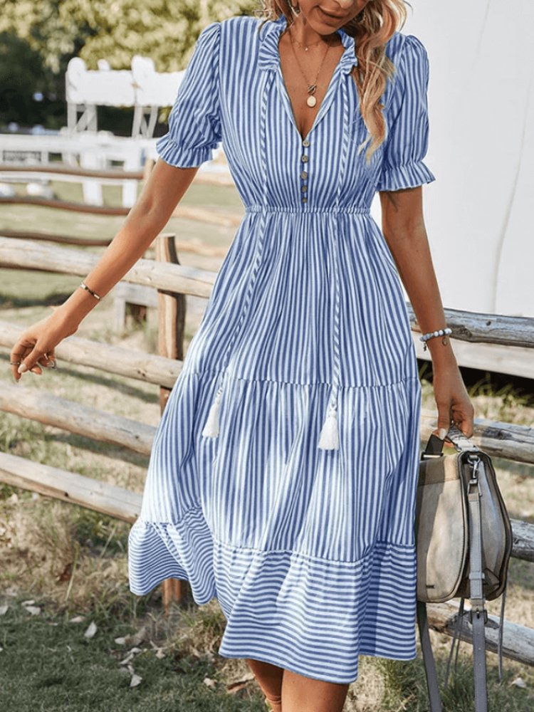 Pretzel - Vestido midi informal a rayas con vuelo