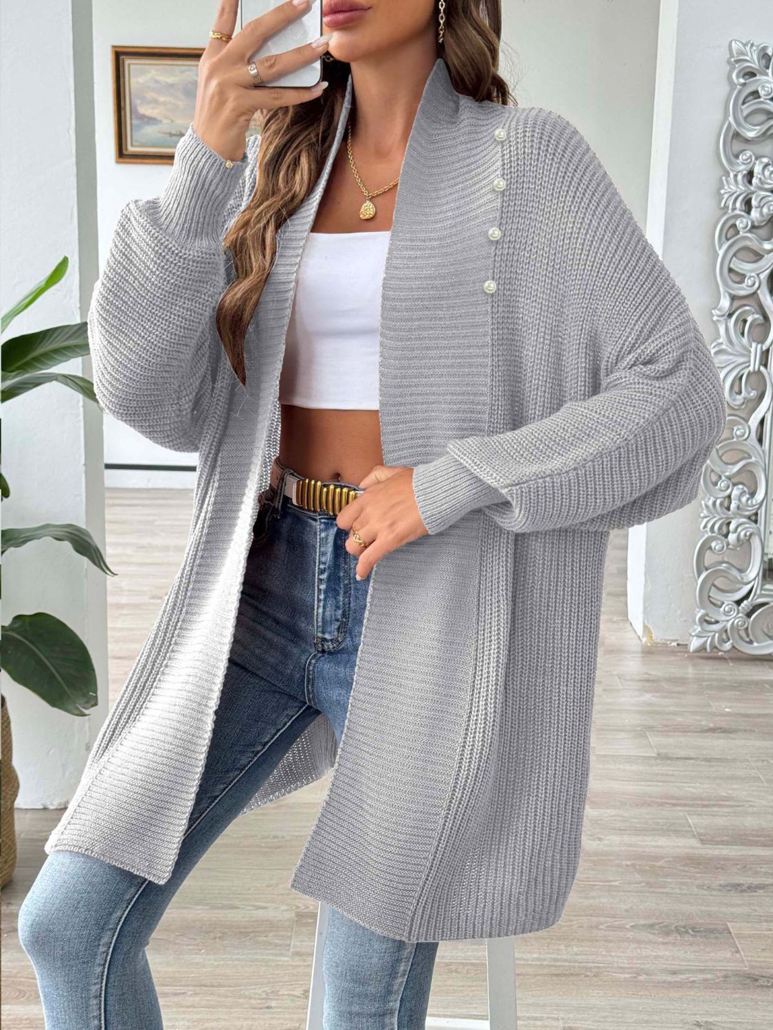 Clarice - Chaqueta de punto de manga larga, suelta y elegante, con frente abierto