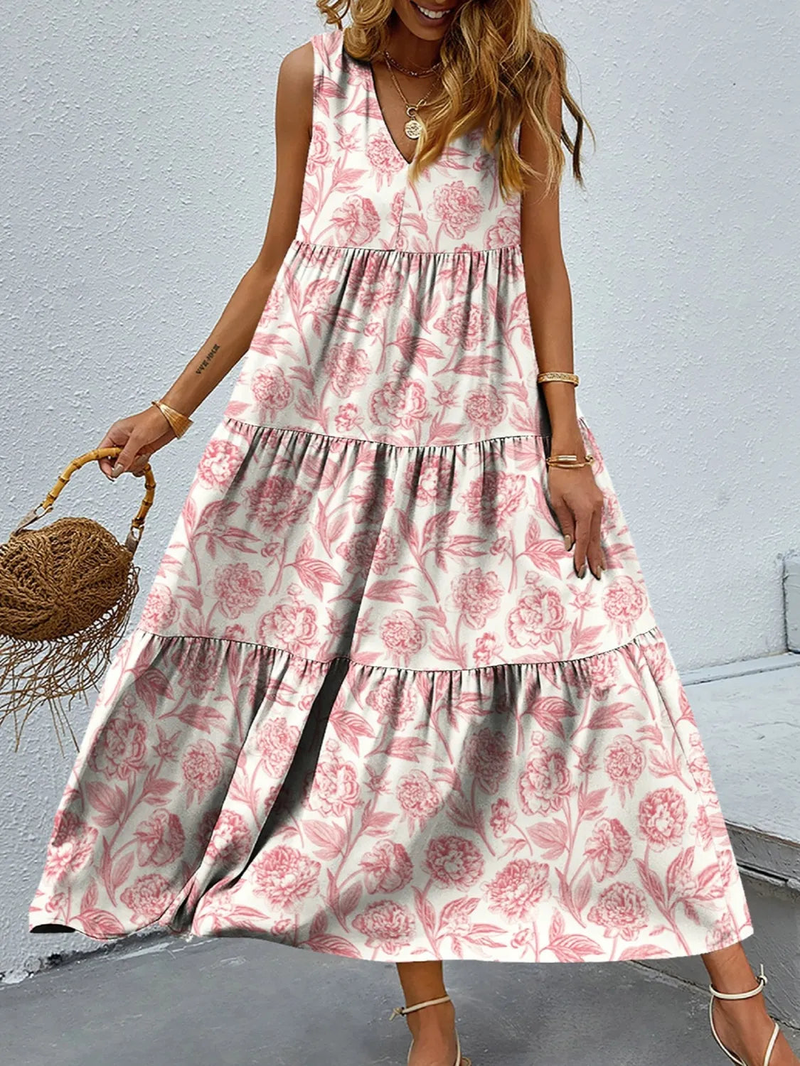 Taylor - Elegante maxivestido floral sin mangas y escote en pico