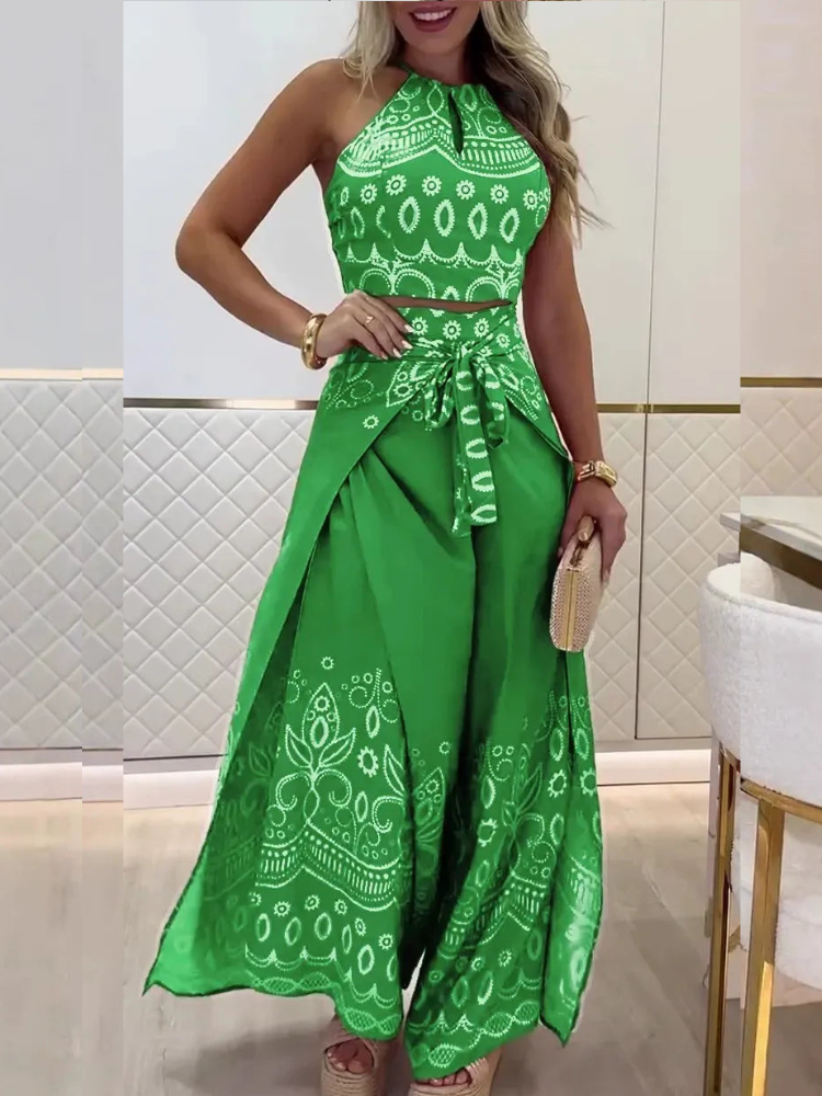 Darlynn - Conjunto elegante de top corto sin espalda con estampado y pantalones anchos