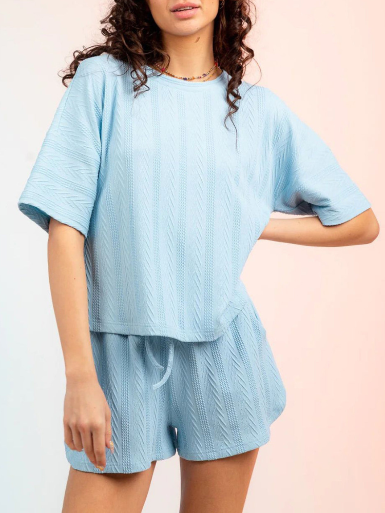 Kristy - Conjunto informal de top de cuello redondo con textura y pantalón corto