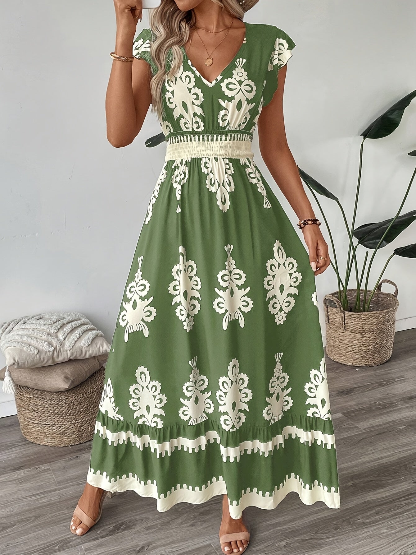Belicia - Elegante maxivestido bohemio con estampado étnico y cuello en V y manga larga