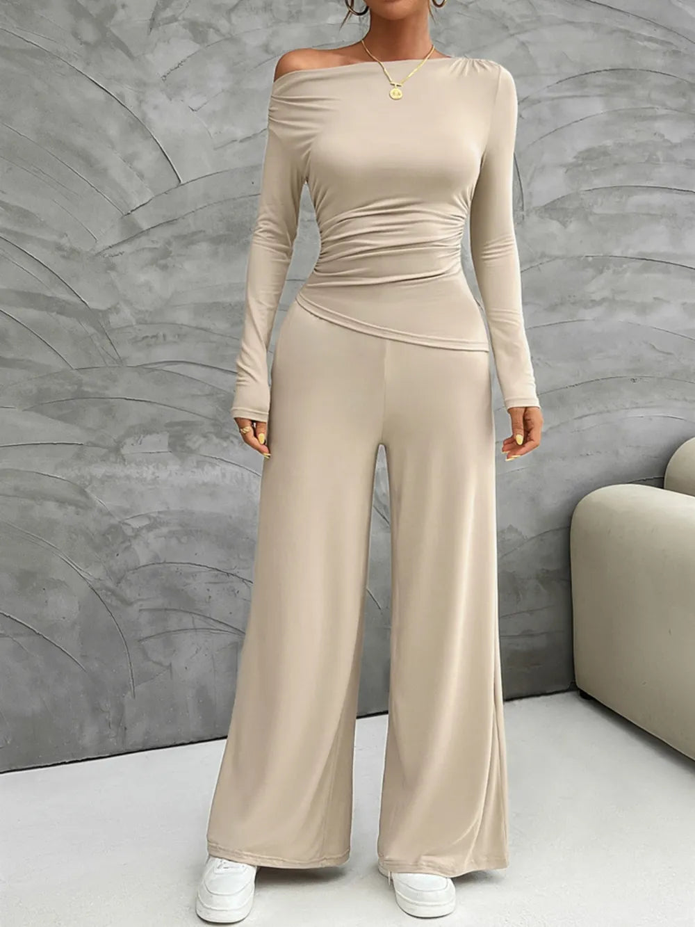 Mireya - Elegante conjunto de top ajustado de manga larga y pantalones anchos