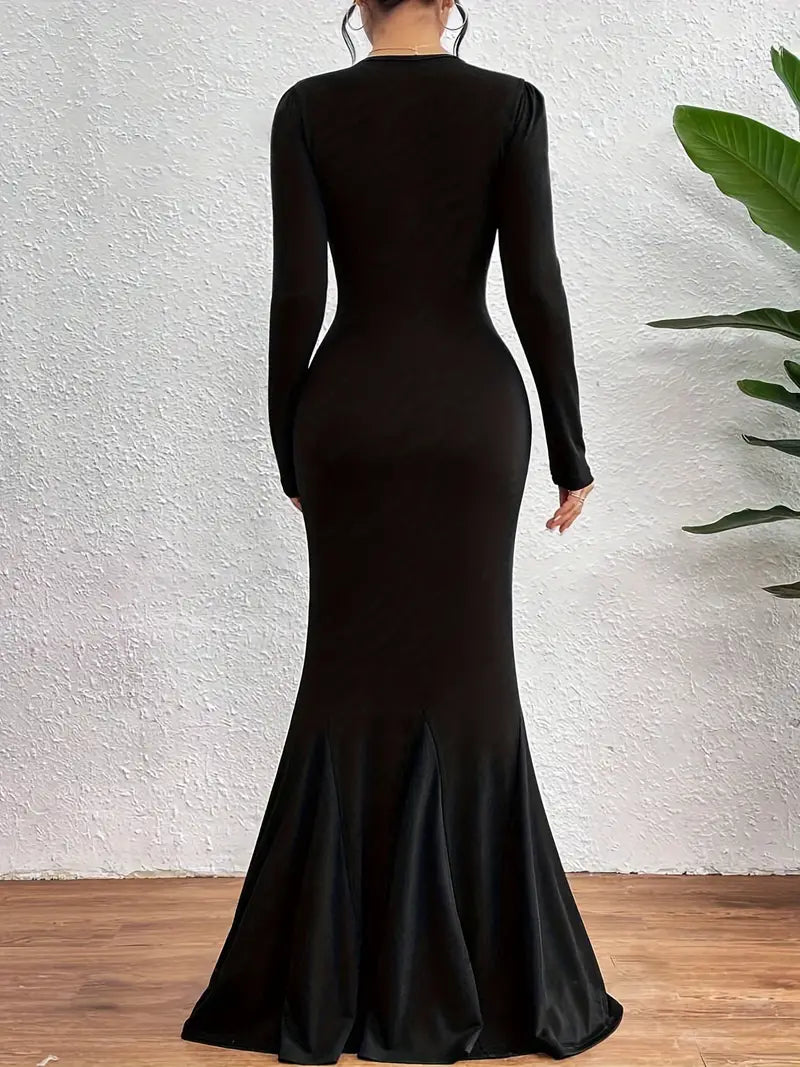 Aniza – Vestido largo con escote en pico y manga larga en malla
