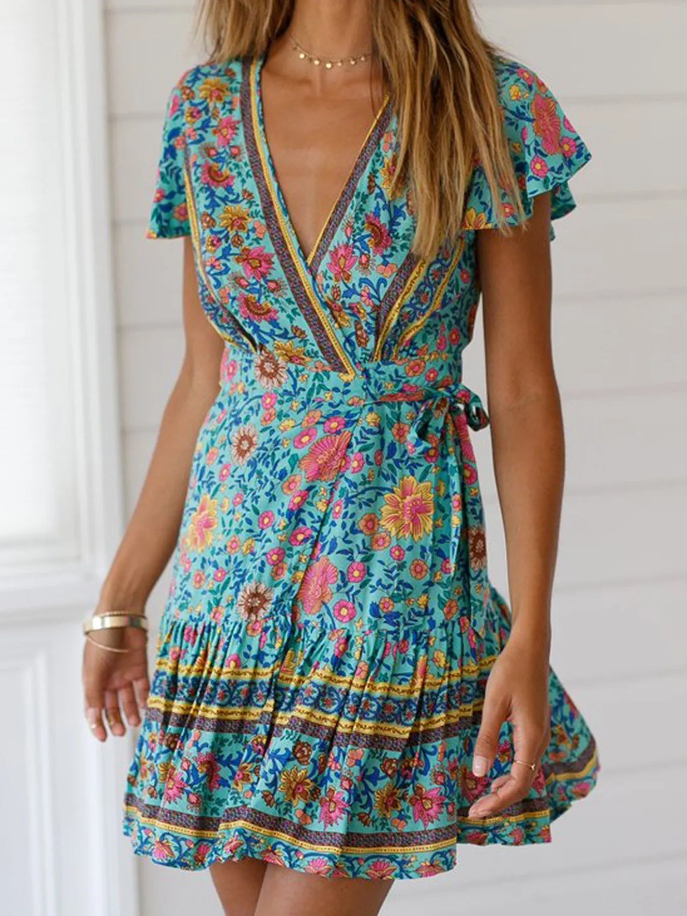 Heidilyn - Minivestido informal con mangas acampanadas y estampado floral