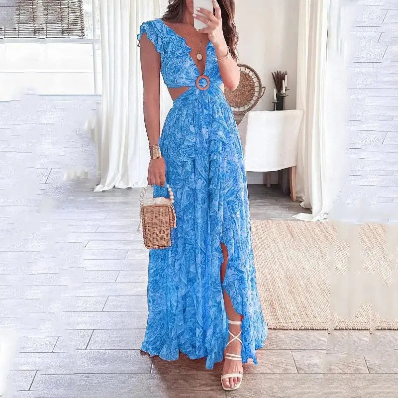 Aira - Vestido largo de verano con escote en V profundo y abertura floral