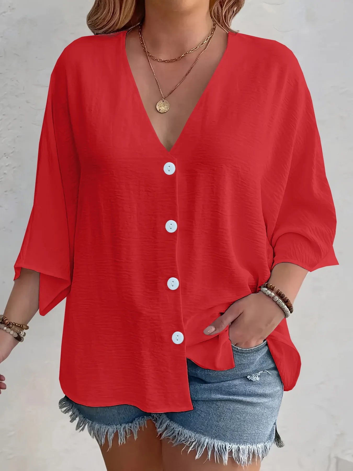 Amirah - Blusa casual suelta de media manga con cuello en V y botones