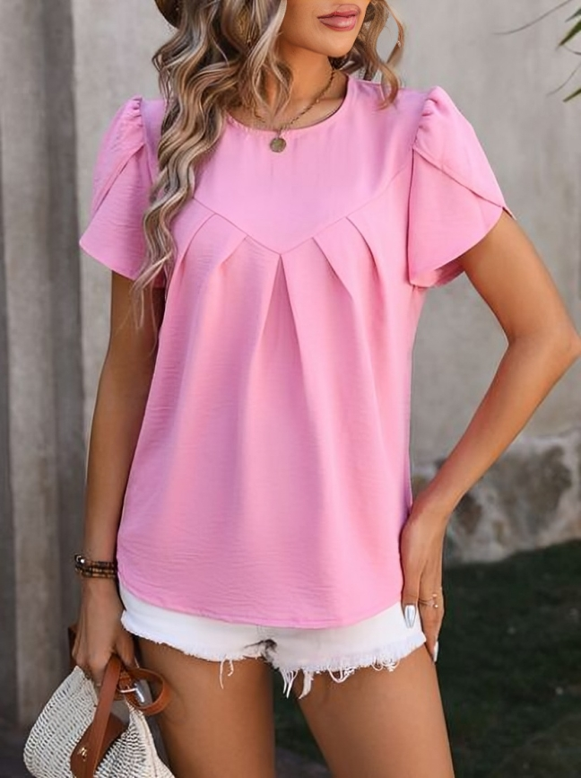 Yasmine - Elegante blusa con cuello redondo fruncido y manga pétalo