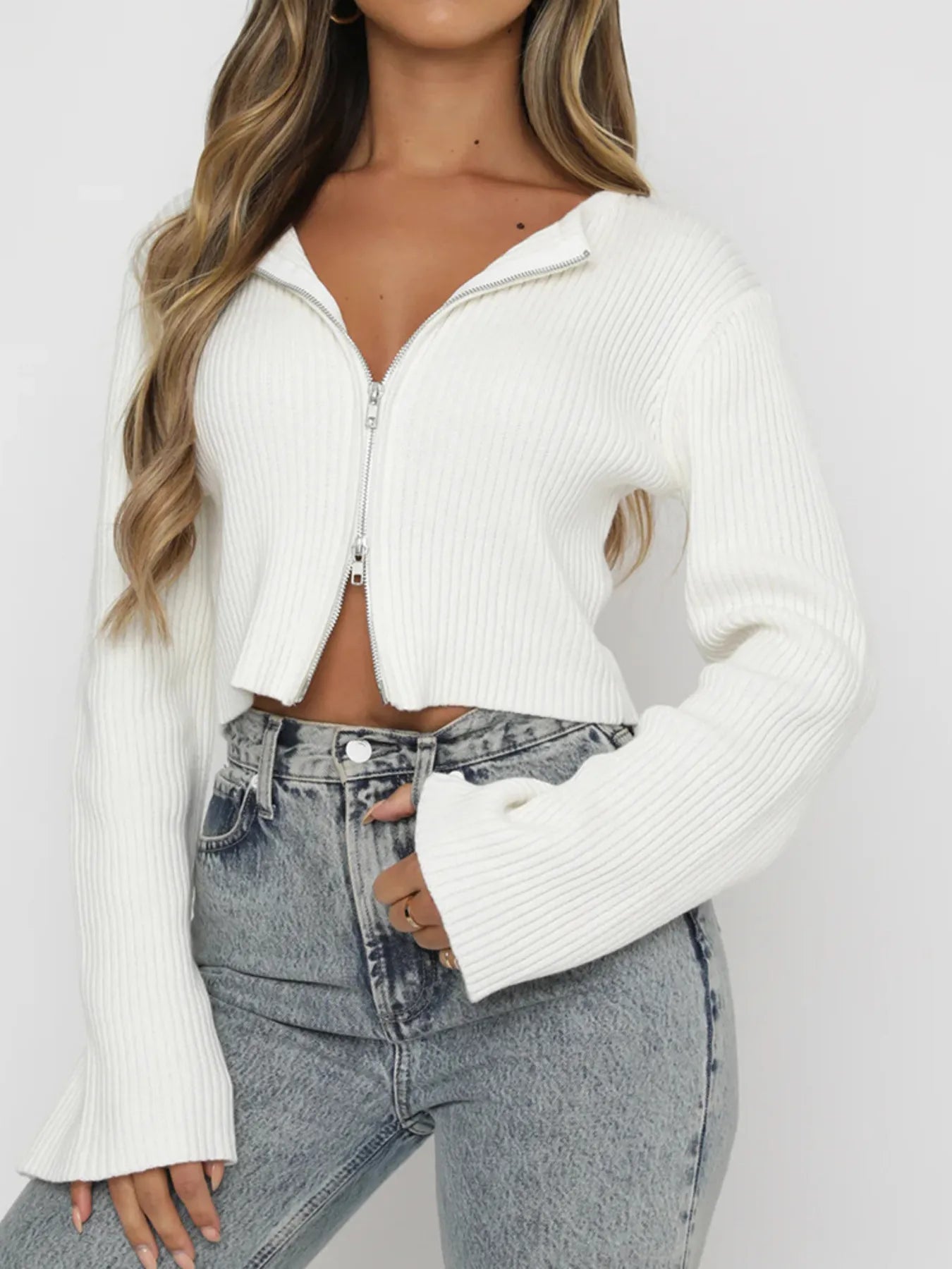 Saira - Camiseta de manga larga de canalé con cremallera