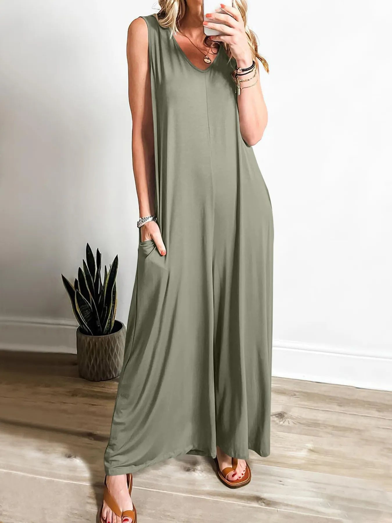 Lily - Mono Casual Sin Mangas Cuello en V Con Bolsillos