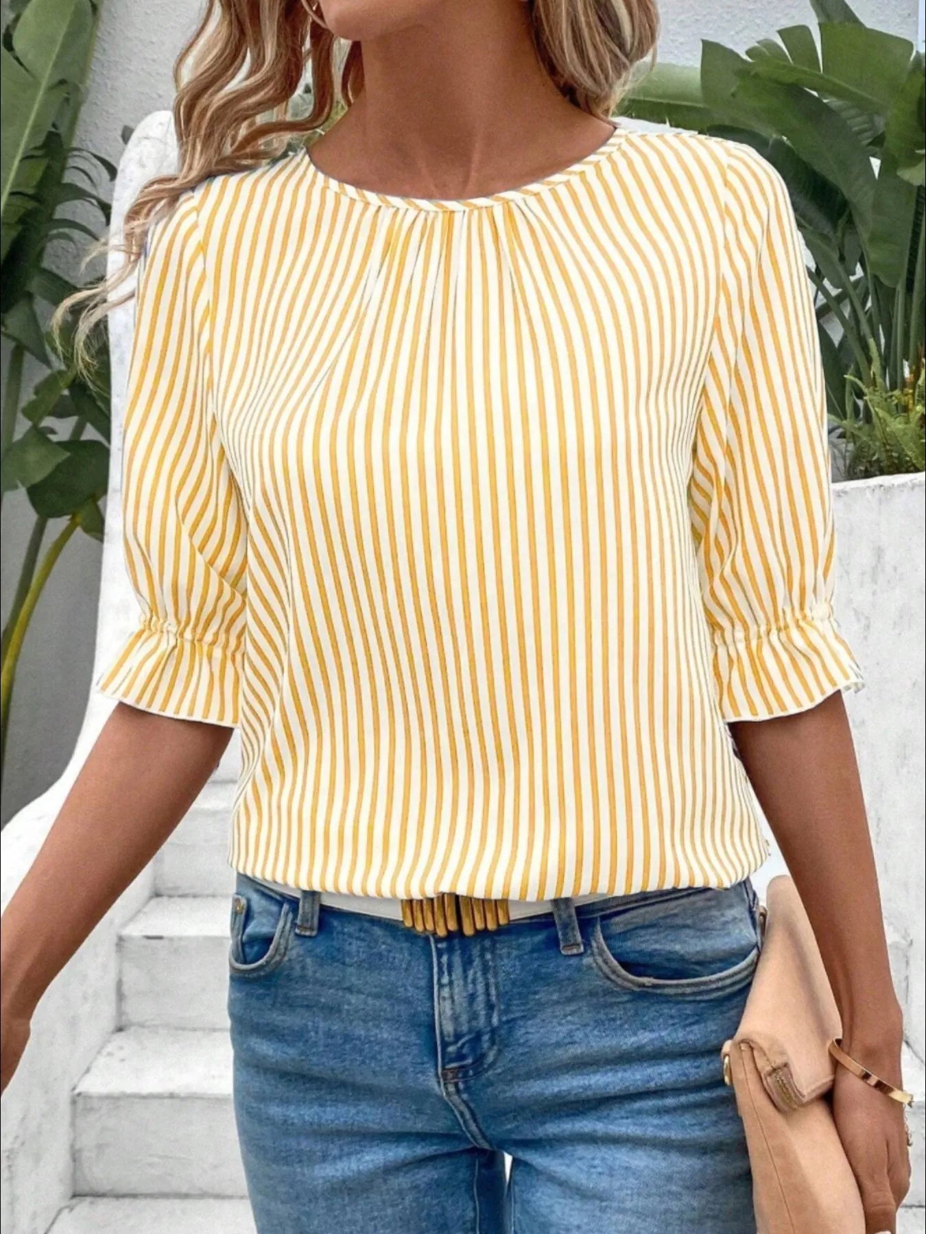 Marian - Blusa casual de rayas con cuello redondo y media manga