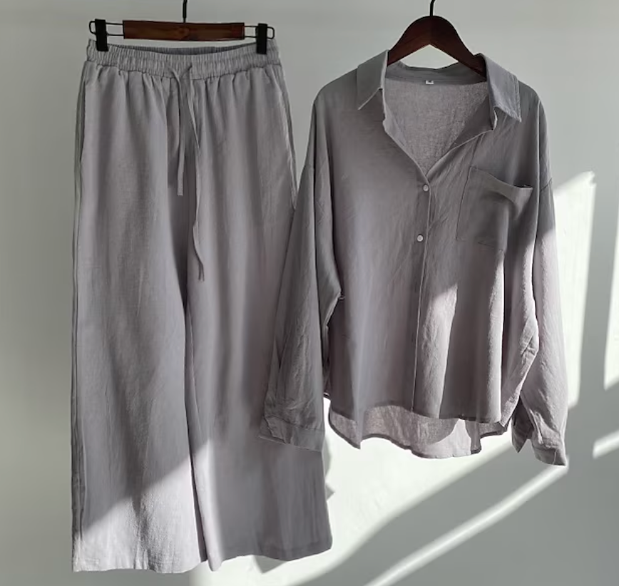 Chantelle - Elegante conjunto informal de blusa de manga larga abotonada y pantalón de pierna ancha