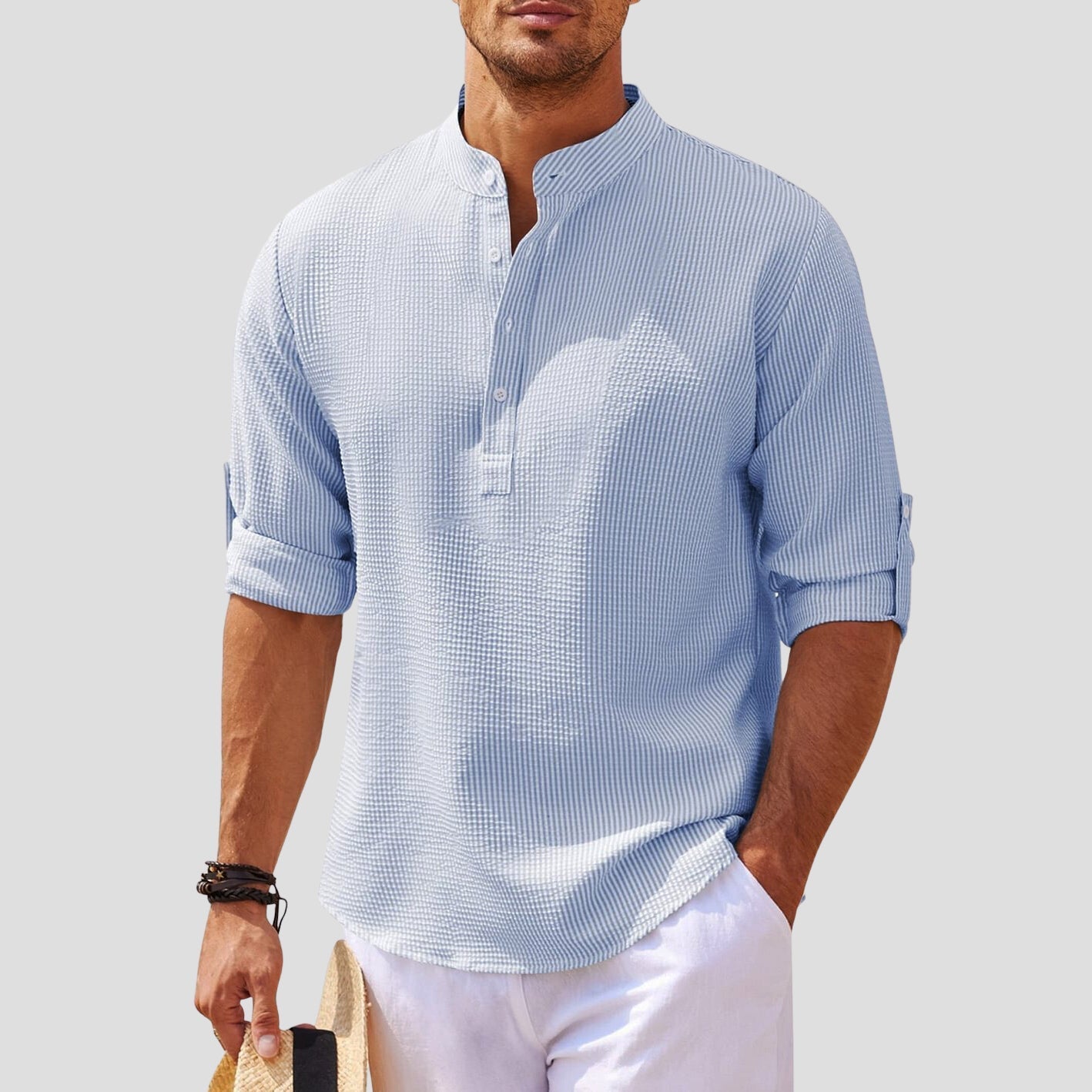 Jomar - Elegante camisa de manga larga con cuello mandarín y botones