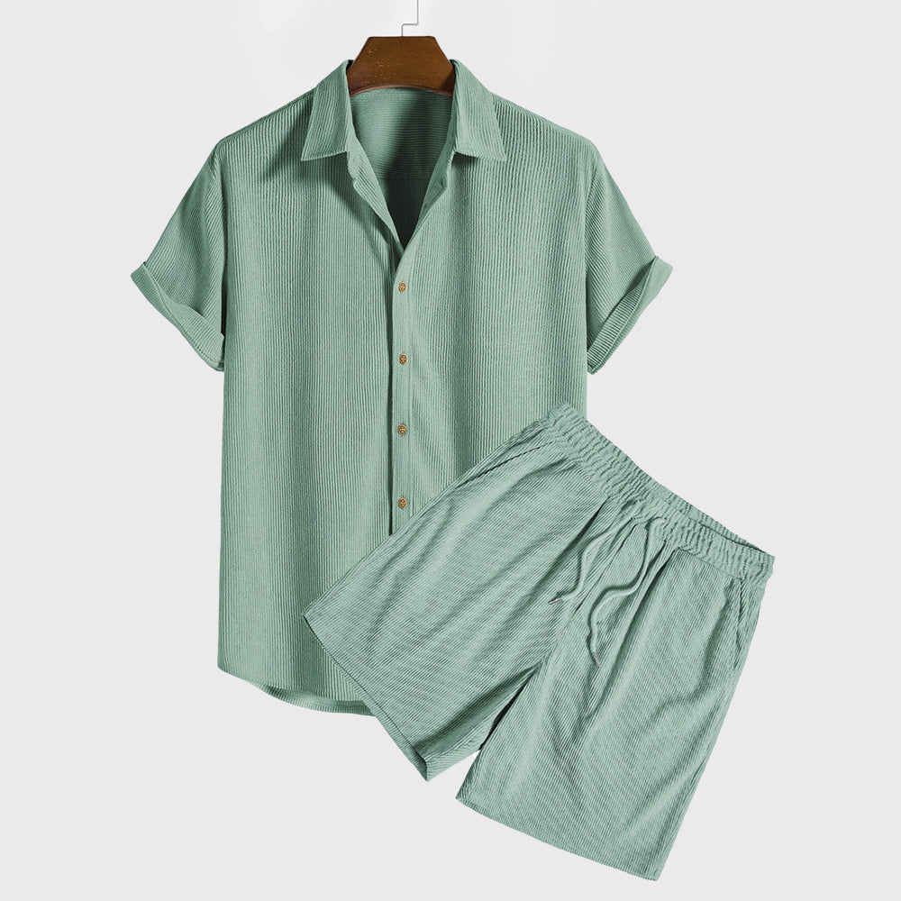 Leonard - Conjunto casual de camisa abotonada de manga corta y pantalón corto con cordón