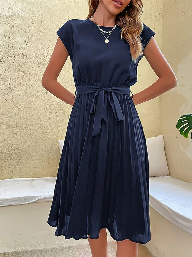 Celine - Vestido chic de manga corta con cinturón de corbata