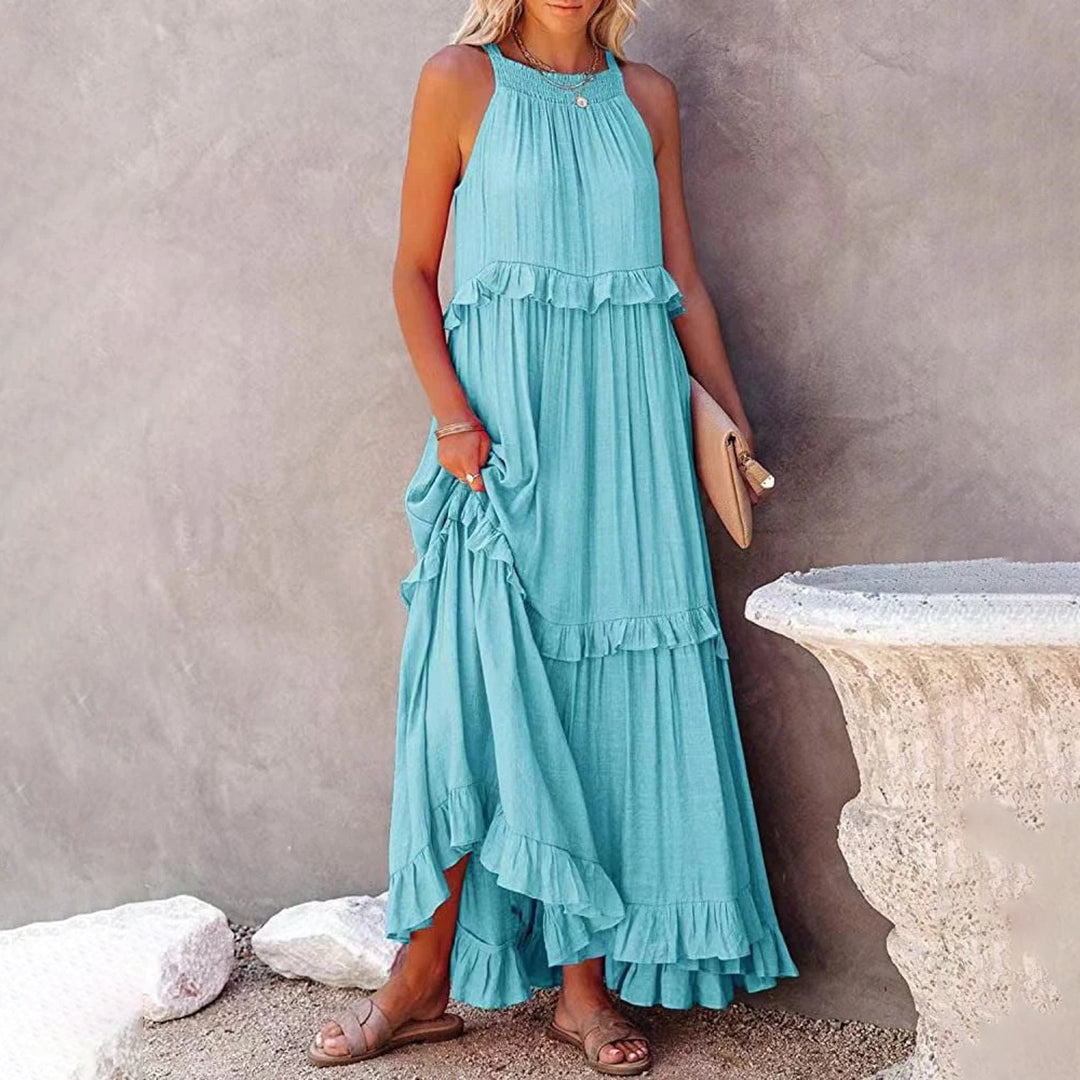 Alaina - Elegante maxi vestido sin mangas con volantes
