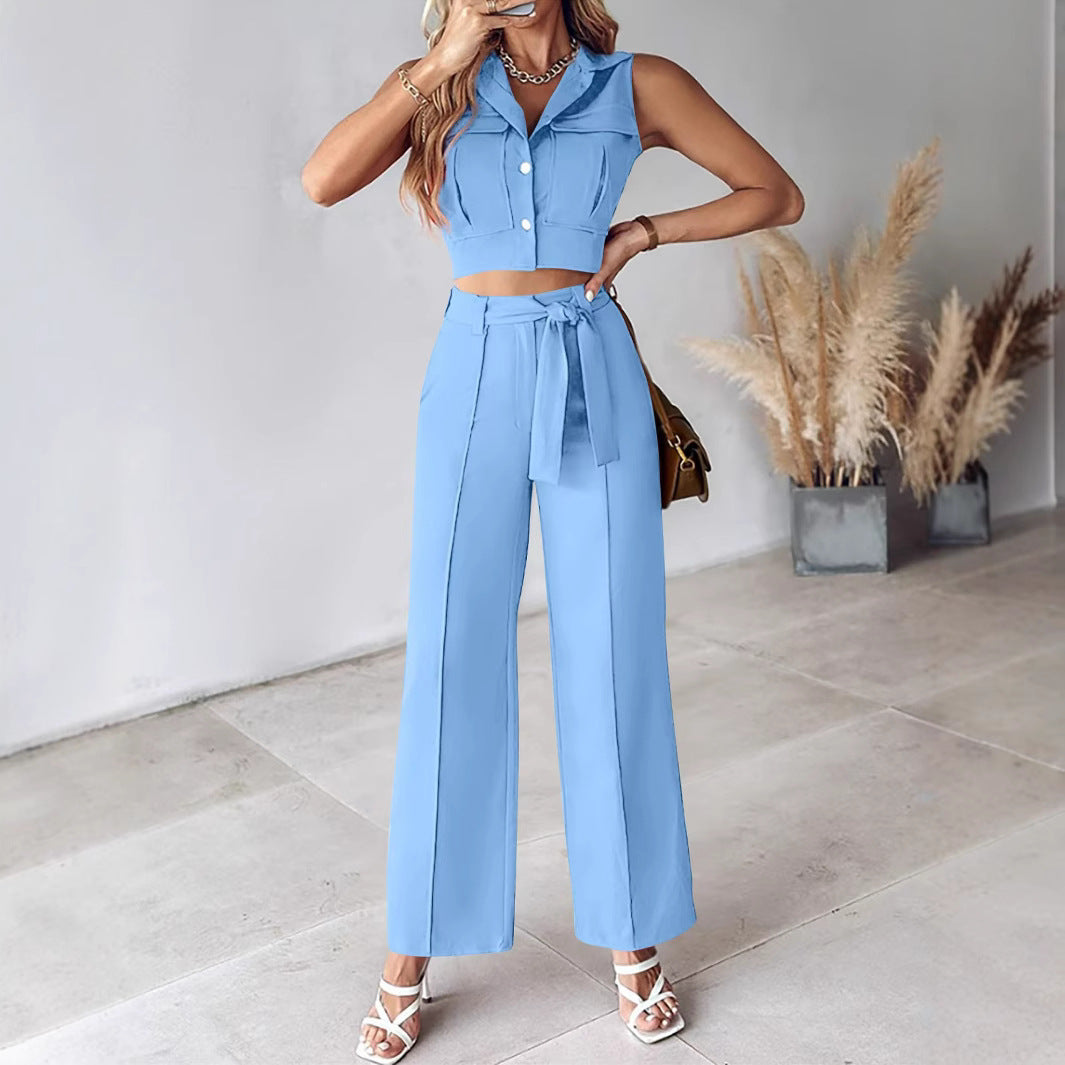 Lourdes - Elegante top sin mangas y pantalones anchos con cinturón en la cintura