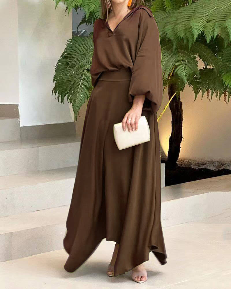 Olivine - Elegante maxivestido suelto de manga larga