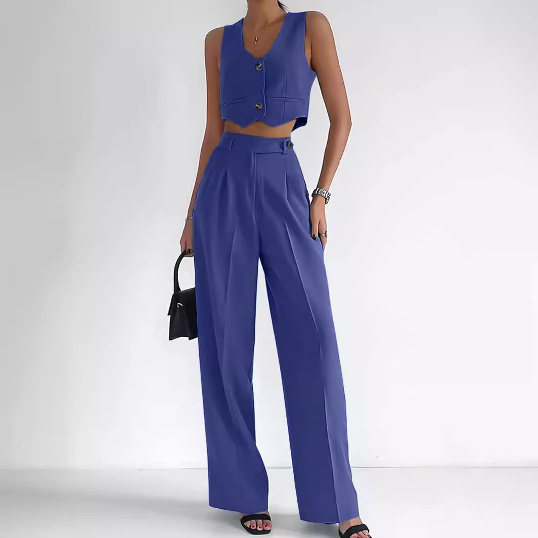 Marella - Elegante conjunto de chaleco recortado con cuello en V y botones delanteros y pantalón de cintura alta