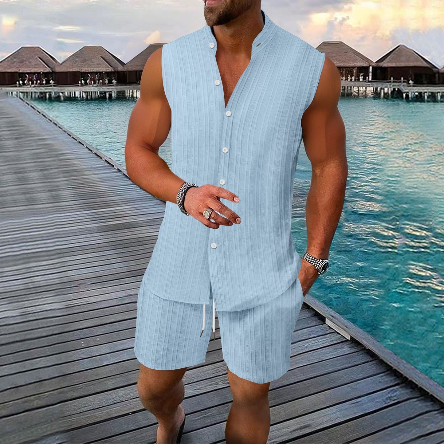Freddy - Camisa sin mangas con botones y shorts para hombre