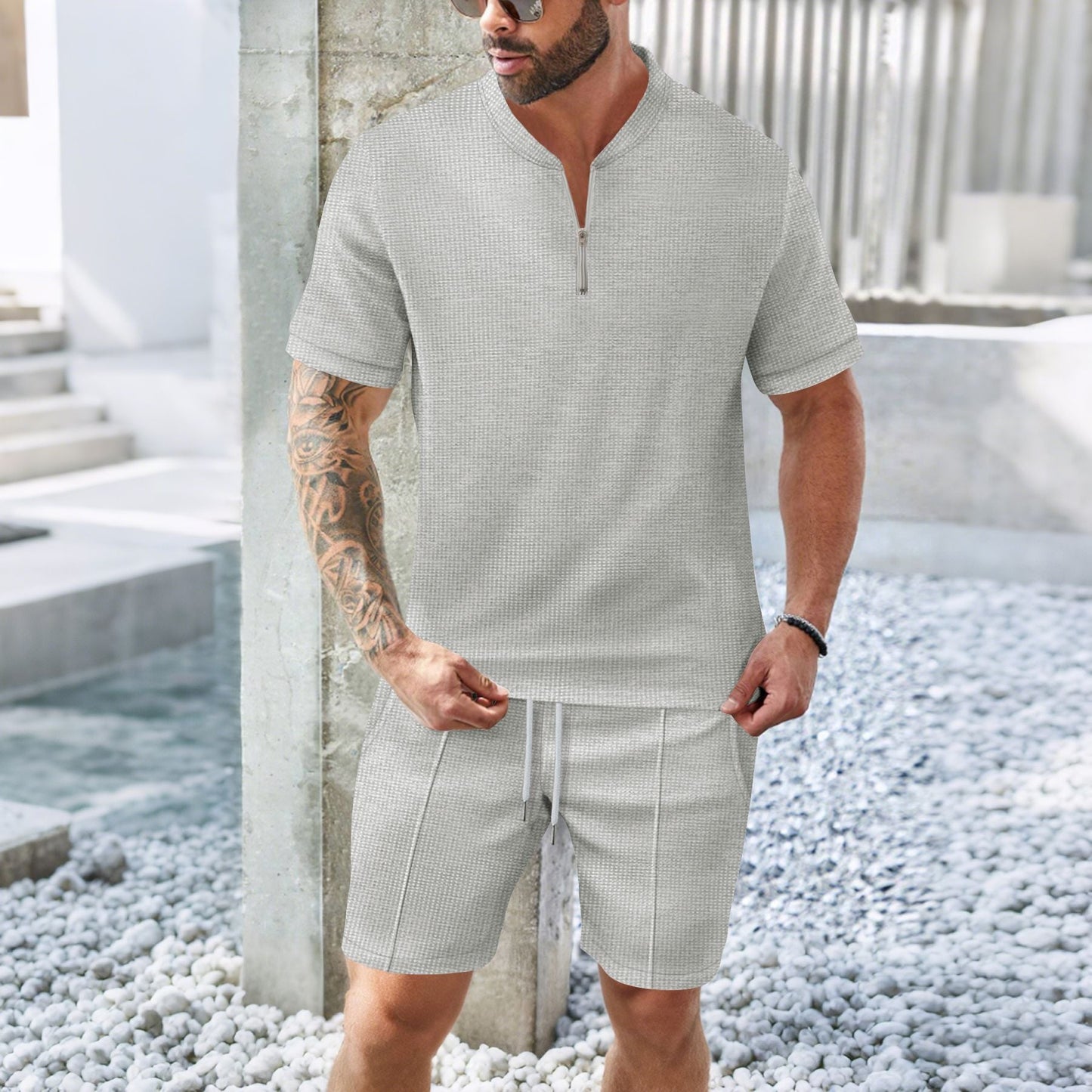 Dennis - Conjunto casual y transpirable de camisa con cremallera y shorts para hombre