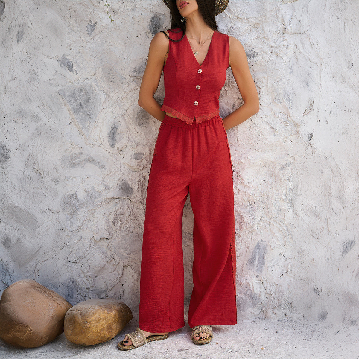 Esmae - Conjunto casual de chaleco con cuello de pico y botones delanteros y pantalón de pierna ancha
